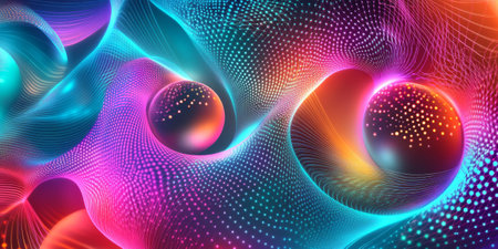 A futuristic abstract background with glowing, refractive neon orbs dynamically expanding in a high-tech holographic space. The seamless digital interplay of radiant light and motion evokes modern technological beauty.の素材