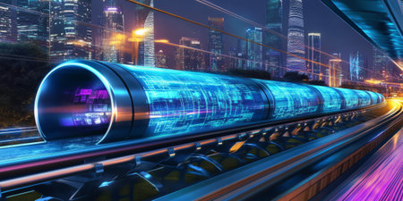 A mesmerizing futuristic AI-driven hyperloop transportation system, displaying glowing cybernetic high-speed travel pathways, pulsating holographic magnetic propulsion grids, and swirling quantum-enhanced real-time navigation nodes. The high-tech abstract background symbolizes artificial intelligence, transportation, and urban mobility, enhanced with ultra-HD sci-fi aesthetics.の素材