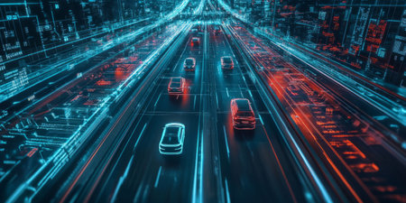 A futuristic smart transportation network, featuring glowing AI-driven self-driving car pathways, cybernetic traffic control holograms, and pulsating digital navigation systems. The high-tech abstract background represents artificial intelligence, blockchain transactions, and advanced automated mobility solutions.の素材