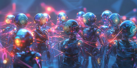 A futuristic AI-powered autonomous robotics swarm, featuring glowing cybernetic self-learning coordination pathways, pulsating holographic machine perception grids, and swirling quantum-enhanced collective intelligence networks. The high-tech abstract background represents artificial intelligence, automation, and robotics, enhanced with neon aesthetics.の素材