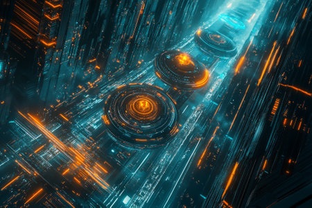 A futuristic smart city network, featuring interconnected glowing cybernetic skyscrapers, AI-powered digital highways, and pulsating holographic data streams. The high-tech abstract background symbolizes blockchain transactions, deep computing, and artificial intelligence, enhanced with ultra-HD sci-fi aesthetics and neon reflections.の素材