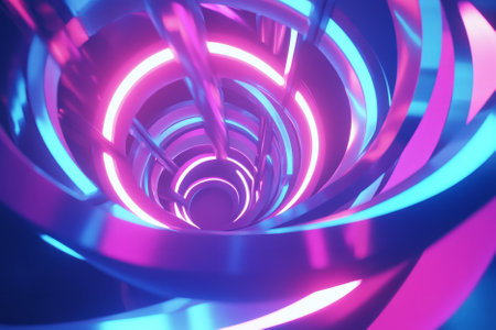 A surreal 3D abstract background with a vortex of luminous, twisting ribbons in radiant blue and magenta hues. The fluid-like shapes seem to flow in an infinite loop, creating a dynamic sense of motion and depth with a high-tech aesthetic.の素材
