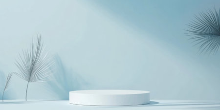 A minimalistic 3D background with a smooth white podium on a gradient blue backdrop. The clean and professional design makes it ideal for modern product presentations.の素材