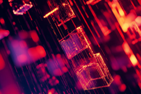 A surreal 3D abstract background displaying an infinite matrix of glowing cubes, softly pulsing with synchronized digital energy. The cybernetic symmetry and motion create a visually striking futuristic effect.の素材