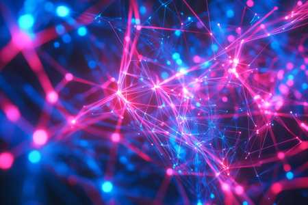 A mesmerizing 3D abstract background featuring an intricate web of glowing, pulsating neon threads suspended in a vast digital void. The cybernetic energy radiates from the interconnected strands, creating a futuristic illusion of depth, motion, and high-tech complexity.の素材