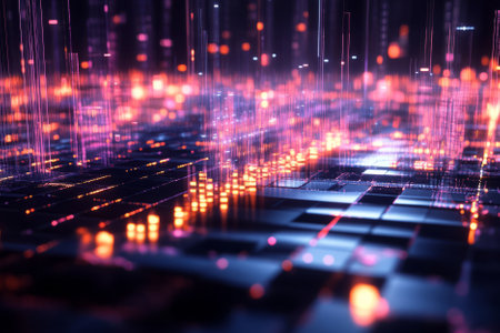 A mesmerizing 3D abstract background where a massive, levitating sound equalizer stretches across a cybernetic landscape. Each frequency bar glows with electric energy, pulsating in rhythm with an unseen beat, creating a hypnotic, futuristic music-inspired design.の素材
