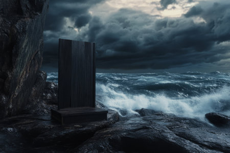 A stormy ocean setting 3D background featuring a wooden podium standing on a rocky shoreline. Dark thunderclouds loom above as powerful waves crash against the jagged cliffs, creating a dramatic and intense atmosphere.の素材