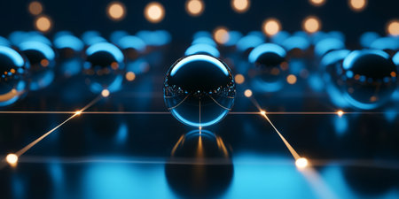 A minimalistic 3D abstract background featuring reflective metallic spheres floating above a glowing digital grid. The modern, clean aesthetic blends high-tech sophistication with futuristic energy.の素材