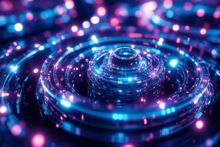 A mesmerizing 3D abstract background displaying an intricate spiral of interconnected, glowing orbs, forming a hypnotic digital mandala. The neon reflections and deep perspective enhance the cybernetic sci-fi aesthetic.の素材