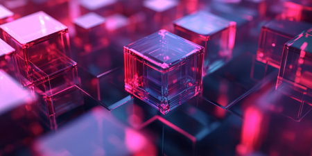 A sleek 3D abstract background featuring floating transparent cubes with glowing neon cores. The high-tech reflections and deep cybernetic hues enhance the futuristic digital composition.の素材