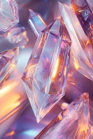 A surreal 3D abstract background with levitating crystalline formations, softly illuminated by shifting neon light. The seamless reflections and layered transparency enhance the futuristic, modern design aesthetic.の素材