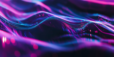 A sleek and dynamic abstract background inspired by digital glitch aesthetics, featuring distorted neon holographic waves cascading through a cybernetic matrix. The smooth transitions enhance the high-tech ambiance.の素材