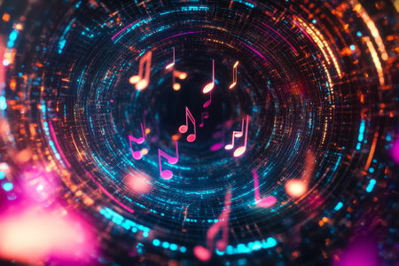 A mesmerizing 3D abstract background with a spiral of glowing, levitating musical notes floating through a cosmic digital space. Each note pulses with synchronized neon light, forming a futuristic visualization of sound energy.の素材