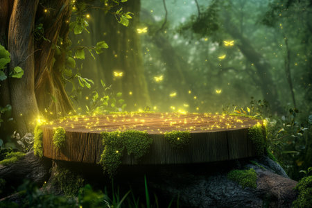 A mystical forest 3D background featuring a wooden podium covered in bioluminescent moss. The glowing fungi and floating fireflies illuminate the dense foliage, while ancient tree roots intertwine, creating an enchanted, otherworldly setting.の素材