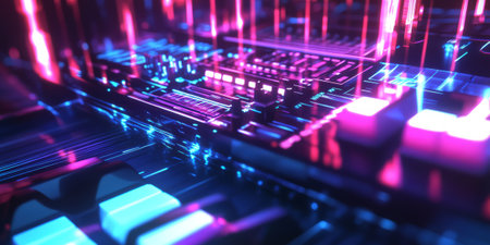 A surreal 3D abstract background featuring a levitating holographic synthesizer, its neon-lit keys dynamically responding to invisible touches. The vibrant, glowing sound waves create a futuristic representation of electronic music production.の素材