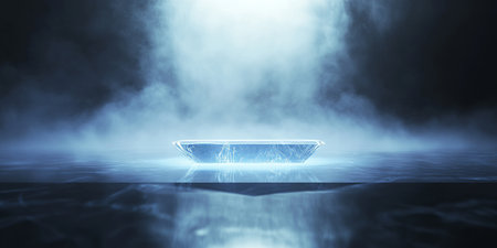 A surreal 3D background featuring a glowing crystal podium floating above a vast reflective surface. The ethereal lighting and mysterious mist add a dreamlike, futuristic quality to the composition.の素材