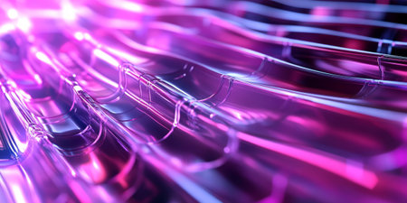 A sleek 3D abstract background showcasing layered transparent structures, softly glowing with pulsating neon waves. The seamless reflections and cybernetic textures create a high-tech digital experience.の素材