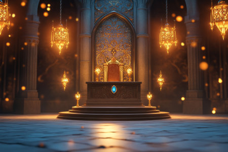 A magical fairytale castle 3D background featuring a royal podium adorned with sparkling gemstones. Enchanted lanterns float in the air, while a magnificent golden throne stands behind the podium, ready for a grand proclamation.の素材