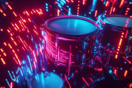 A surreal 3D music background showcasing a levitating neon drum set, each drumhead pulsating with glowing sound waves. The invisible rhythm creates an abstract fusion of motion, energy, and futuristic digital beats in a cyberpunk-inspired atmosphere.の素材