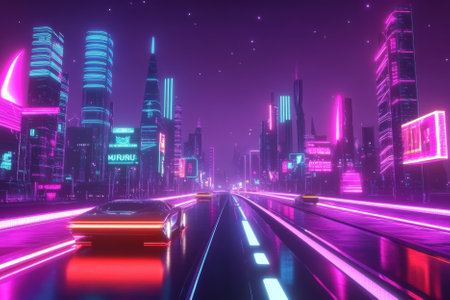 A neon synthwave city 3D background featuring a glowing cyber podium with a futuristic design. The skyline is filled with neon signs, vaporwave aesthetics, and retro-futuristic cars cruising on digital highways beneath a deep purple sky.の素材
