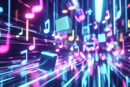 A vibrant 3D music background with levitating, glowing musical notes moving along a digital highway of neon sound waves. Floating speaker cubes pulse in sync with an invisible rhythm, their surfaces reflecting multicolored holographic lights in a futuristic audio dimension.の素材