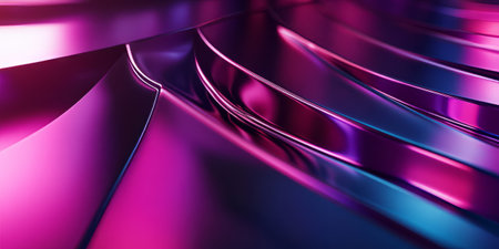 A visually captivating 3D abstract background featuring seamless geometric waveforms glowing with vibrant neon reflections. The smooth metallic surfaces and deep gradients create a sophisticated high-tech ambiance.の素材