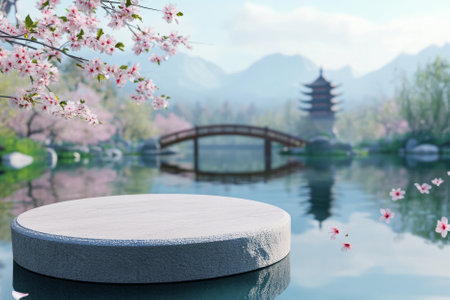 A serene Zen garden 3D background featuring a smooth stone podium in the middle of a tranquil pond. Delicate cherry blossoms float on the waterÃ¢â¬â¢s surface, while a wooden bridge leads to a traditional pagoda in the background.の素材
