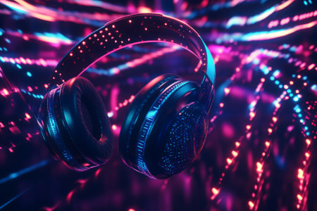 A surreal 3D abstract background showcasing floating, glowing headphones radiating waves of luminous sound energy. The neon frequencies swirl in an immersive, futuristic display of digital rhythm, harmony, and technological motion.の素材