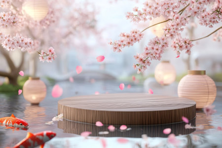 A serene Zen garden 3D background featuring a smooth wooden podium surrounded by delicate cherry blossoms. The gentle breeze scatters pink petals, while a tranquil koi pond reflects the soft glow of paper lanterns.の素材