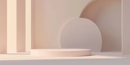 A minimalist modern 3D background featuring a smooth, white podium with soft diffused lighting. The clean geometric shapes, neutral color palette, and subtle gradients create a sleek and professional aesthetic.の素材