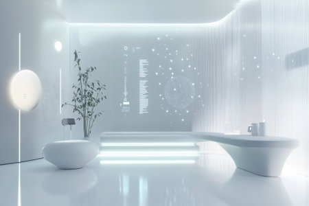 A minimalistic, futuristic 3D background room with smooth white surfaces, hidden lighting, and floating furniture. A holographic display projects data in the air, giving the space a clean, high-tech aesthetic.の素材
