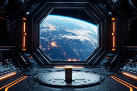 A space exploration event 3D background featuring a metallic podium on a futuristic space station. Through the massive observation window, Earth glows in the distance, while astronauts float in zero gravity nearby.の素材