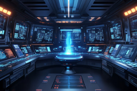 A sci-fi command center 3D background room filled with holographic screens, control panels, and sleek metal surfaces. A glowing energy core in the center pulsates with a blue light, illuminating the surrounding digital interfaces with futuristic data streams.の素材