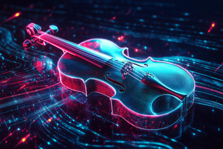 A surreal 3D music background showcasing a glowing holographic violin floating in deep space. As digital sound waves ripple outward, they form intricate neon patterns, creating an immersive blend of classical elegance and futuristic technology.の素材