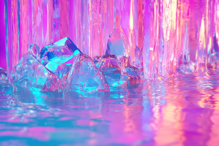 A surreal 3D abstract background featuring a cascade of luminous neon shards cascading over a reflective, liquid-like surface. The interplay of vibrant digital colors, seamless motion, and intricate geometric patterns creates an immersive futuristic landscape that radiates advanced cybernetic energy.の素材
