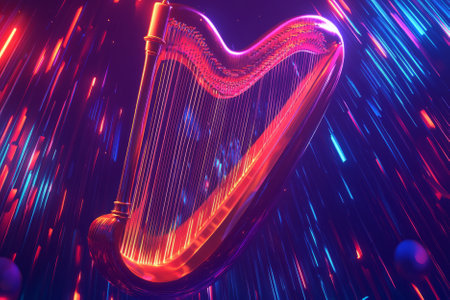 A surreal 3D music background showcasing a glowing, levitating harp with translucent strings. Each pluck releases a pulse of neon-colored sound waves, rippling through a futuristic void of abstract, synchronized motion and digital energy.の素材