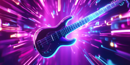 A mesmerizing 3D abstract background displaying a floating, glowing neon bass guitar. The pulsating energy of sound waves radiates outward, creating an immersive visualization of deep bass frequencies and electronic rhythms.の素材