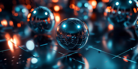 A surreal 3D abstract background showcasing floating metallic orbs connected by glowing light filaments, surrounded by a smooth reflective digital surface. The futuristic ambiance is enhanced by neon highlights.の素材