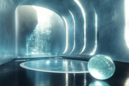 A sci-fi-inspired meditation chamber 3D background room with floating orbs emitting a soft glow, smooth metallic walls, and a holographic water feature. The peaceful, futuristic design invites calm and introspection.の素材