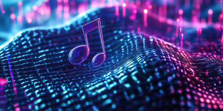 A surreal 3D abstract background featuring a holographic music note floating in a sea of glowing, undulating sound waves. The pulsing neon frequencies create a stunning representation of futuristic music and technology.の素材