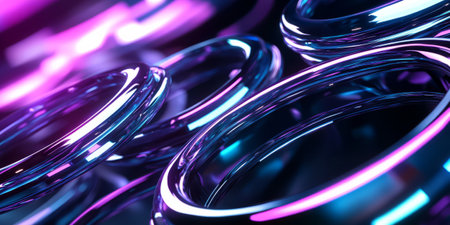 A mesmerizing 3D abstract background showcasing smooth metallic rings floating in a dark cybernetic void. The soft neon blue and purple lights reflect elegantly off their surfaces, creating a futuristic sci-fi effect.の素材