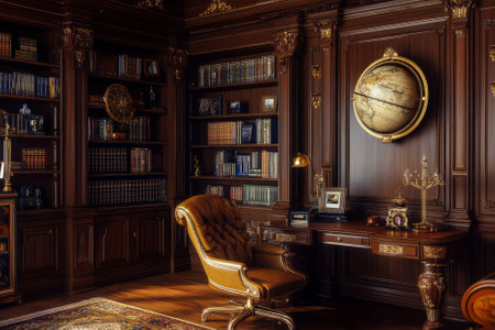 A luxurious vintage study 3D background room featuring dark mahogany bookshelves, an antique globe, and a grand leather armchair. The warm glow from an elegant brass desk lamp highlights intricate wood carvings and classic oil paintings on the walls.の素材
