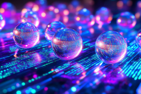A mesmerizing 3D abstract background showcasing a surreal blend of floating neon orbs and streaming holographic data, forming an intricate web of luminous connections. The reflective surfaces and smooth digital textures evoke a futuristic cybernetic universe, rich in color and deep immersive detail.の素材