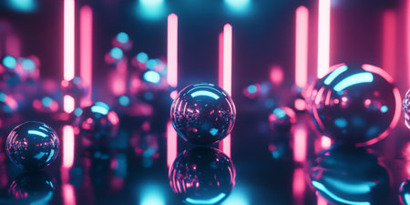 A visually captivating 3D abstract background featuring floating metallic spheres, softly glowing with neon hues. The reflections and seamless futuristic composition evoke a modern digital cyberpunk aesthetic.の素材