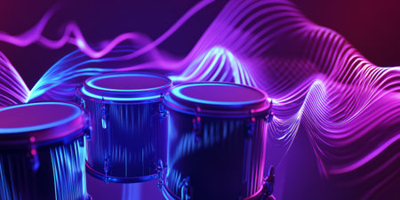 A surreal 3D music background featuring a floating neon drum set, with abstract sound waves rippling outward from each drum hit. The dynamic energy creates an immersive representation of rhythm and percussion.の素材