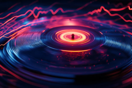 A mesmerizing 3D abstract background where a glowing, levitating vinyl record spins in mid-air. Vibrant neon sound waves ripple outward, forming a dynamic cybernetic music-inspired composition of rhythm, energy, and digital beats.の素材