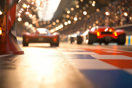 A thrilling motorsport championship 3D background featuring a podium on the finish line. Powerful race cars line up in the background, while a roaring crowd and flashing lights celebrate the victory.の素材