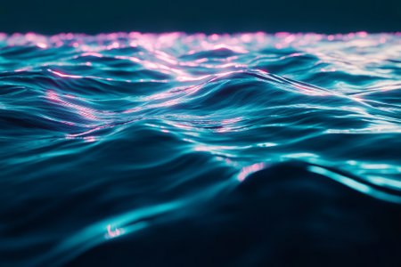 A mesmerizing 3D abstract background showcasing an ocean of glowing, translucent waves, gently rippling with neon highlights. The surreal digital energy and deep reflections evoke a futuristic dreamlike atmosphere.の素材