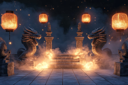 A mystical dragon shrine 3D background featuring an ancient stone podium surrounded by floating lanterns. Massive dragon statues guard the sacred site, while a magical energy field shimmers in the air, hinting at powerful hidden forces.の素材