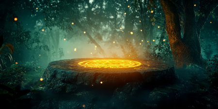 A mystical 3D background featuring an ancient stone podium glowing with hidden runes. The deep forest setting, combined with floating magical particles and misty lighting, creates an enchanting and mysterious atmosphere, ideal for fantasy themes.の素材